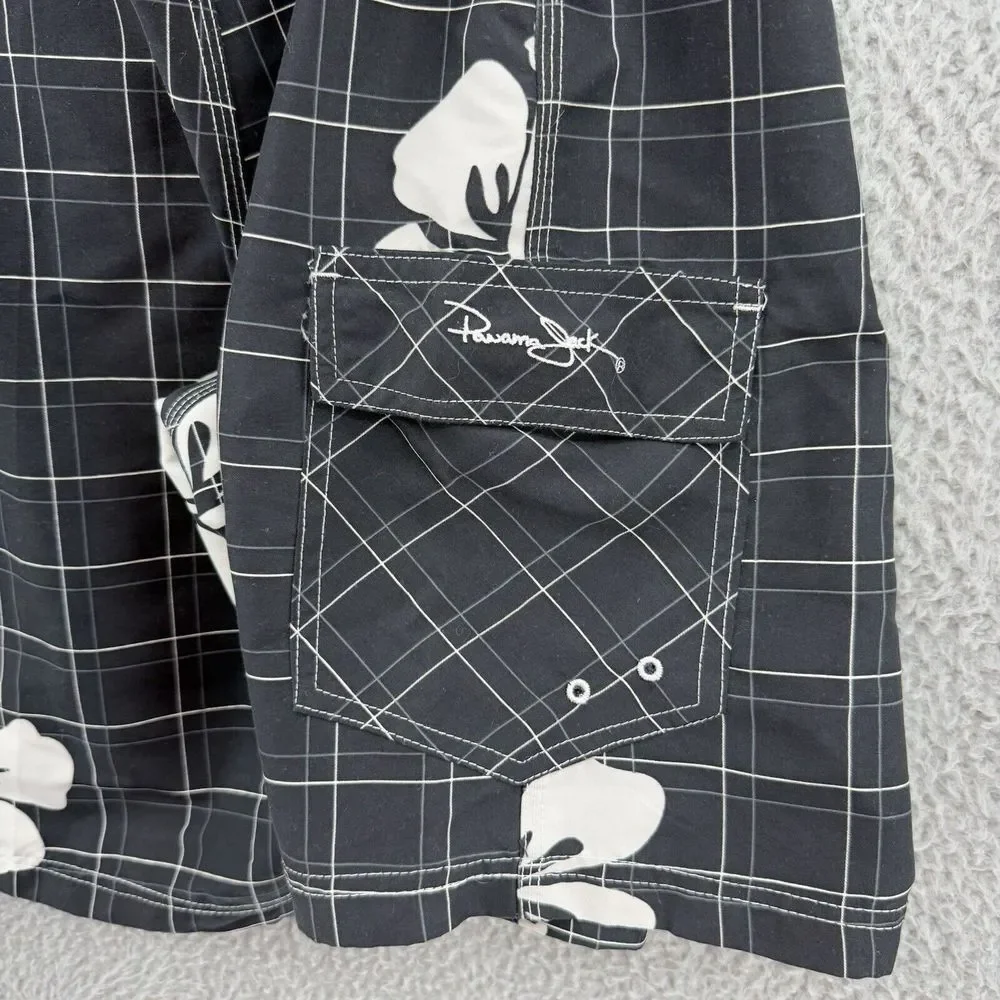 Panama Jack‎ Mens 32 Black White Floral Swim Trunks Board Shorts Hawaiian Island
